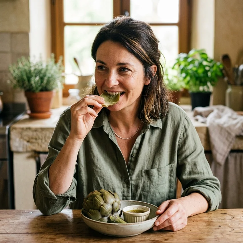 Femme mange artichauts